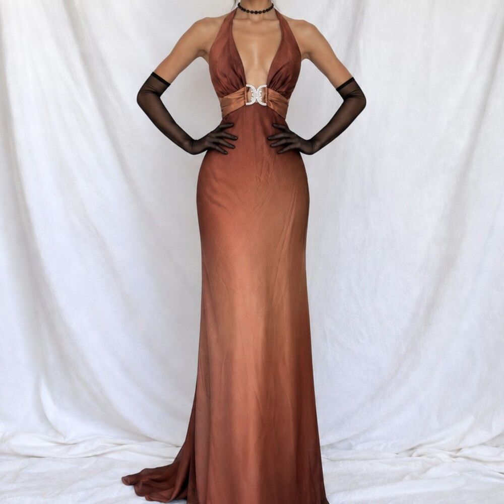 Vintage Y2K Brown Halter Plunging V-Neck Bodycon Maxi Formal Prom Dress Size S